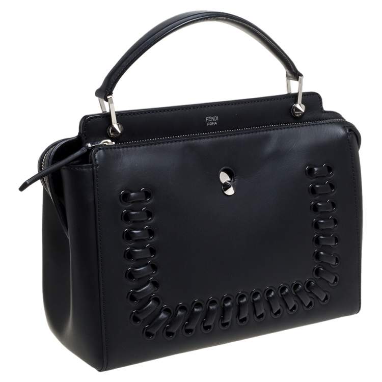 Pre Owned Fendi Black Leather Whipstitch Dotcom Top Handle Bag