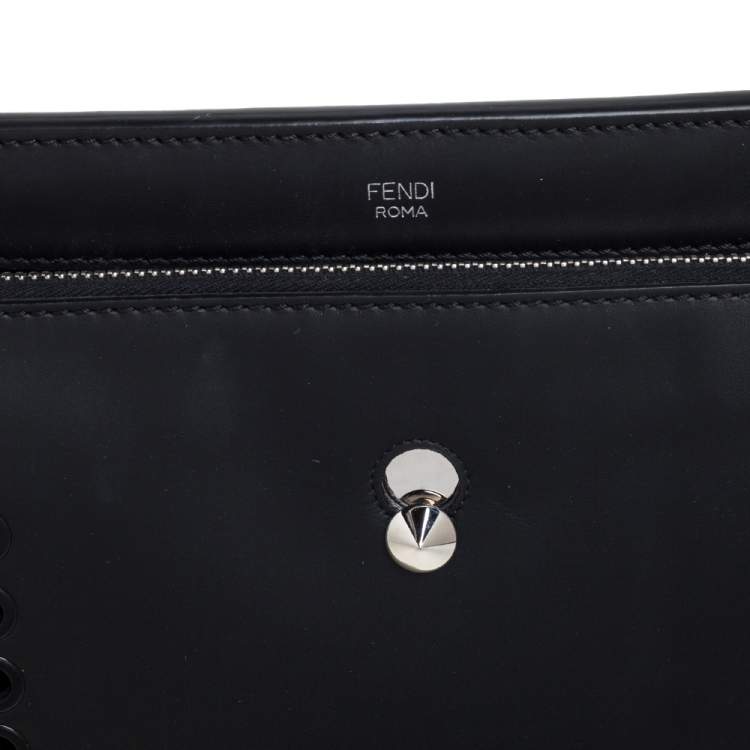 Pre Owned Fendi Black Leather Whipstitch Dotcom Top Handle Bag