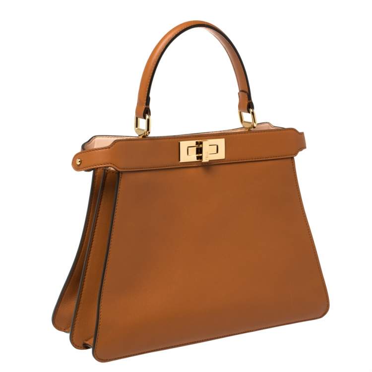 Pre Owned Fendi Brown Leather Medium Peekaboo ISeeU Top Handle Bag