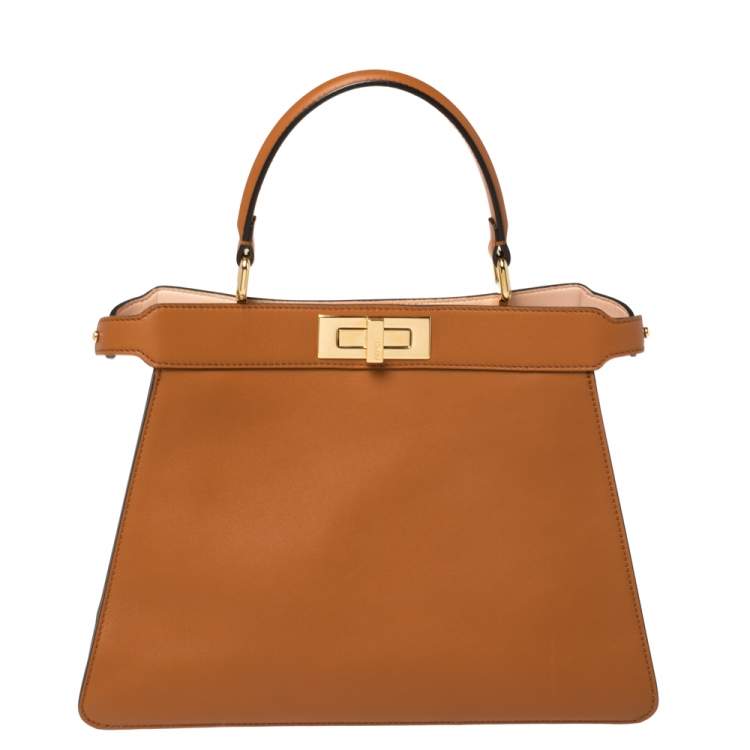 Pre Owned Fendi Brown Leather Medium Peekaboo ISeeU Top Handle Bag