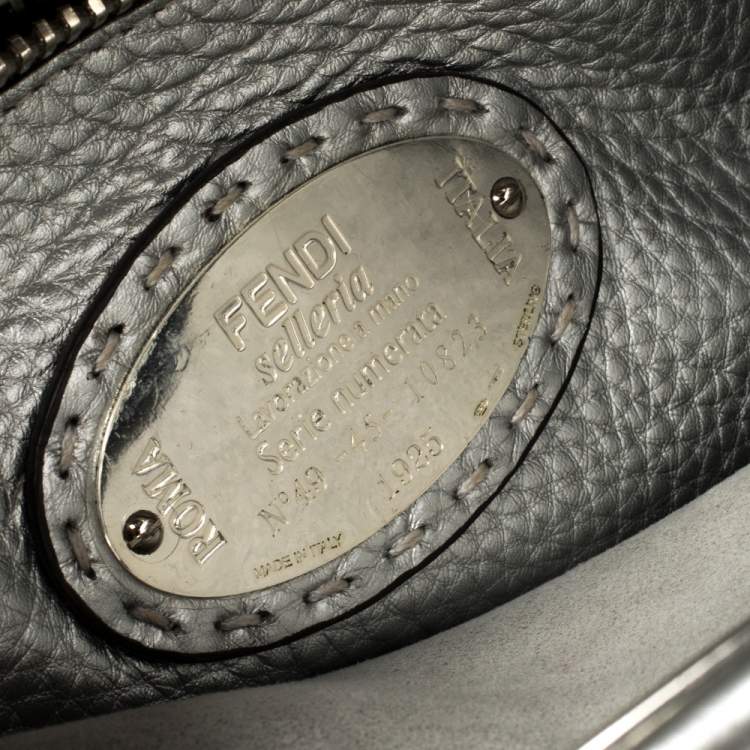 Pre Owned Fendi Metallic Silver Selleria Leather Medium Peekaboo Top Handle Bag