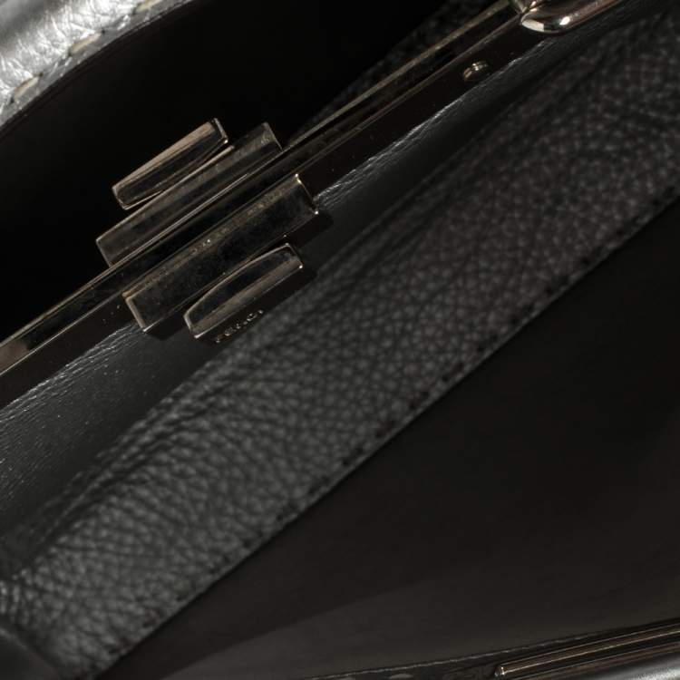 Pre Owned Fendi Metallic Silver Selleria Leather Medium Peekaboo Top Handle Bag