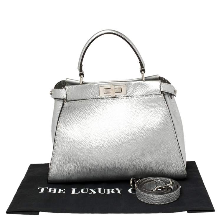 Pre Owned Fendi Metallic Silver Selleria Leather Medium Peekaboo Top Handle Bag