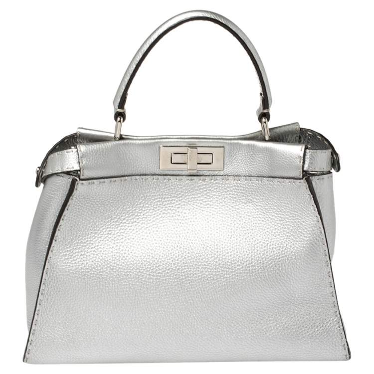 Pre Owned Fendi Metallic Silver Selleria Leather Medium Peekaboo Top Handle Bag