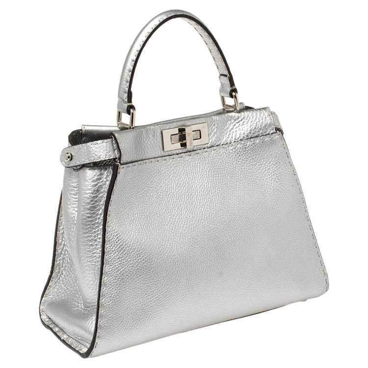 Pre Owned Fendi Metallic Silver Selleria Leather Medium Peekaboo Top Handle Bag