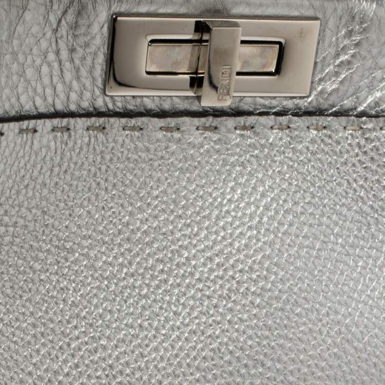 Pre Owned Fendi Metallic Silver Selleria Leather Medium Peekaboo Top Handle Bag