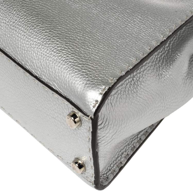 Pre Owned Fendi Metallic Silver Selleria Leather Medium Peekaboo Top Handle Bag