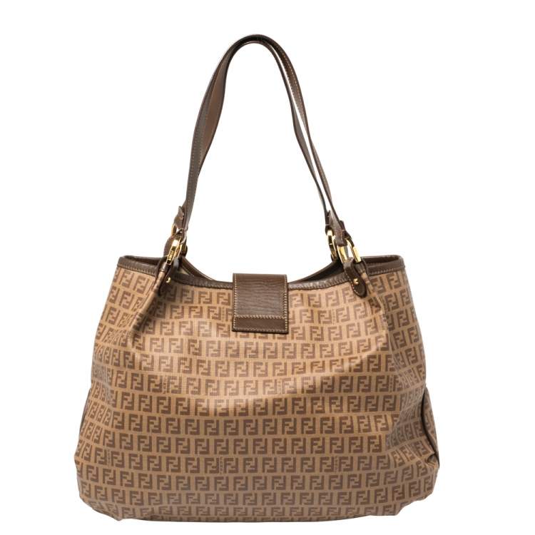 Pre Owned Fendi Brown Zucchino Coated Canvas and Leather Chiusura Tote