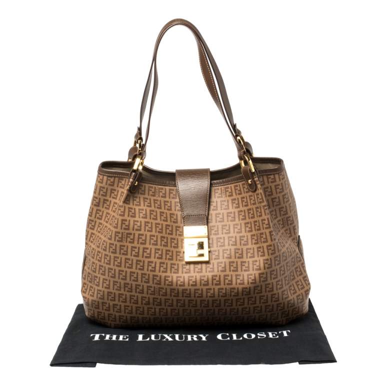 Pre Owned Fendi Brown Zucchino Coated Canvas and Leather Chiusura Tote