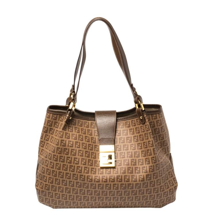 Pre Owned Fendi Brown Zucchino Coated Canvas and Leather Chiusura Tote