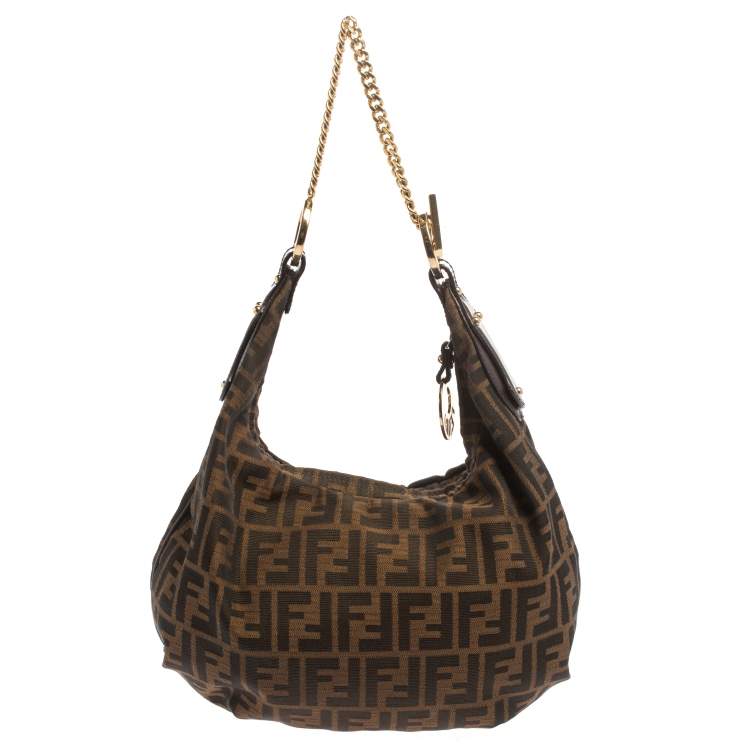 Pre Owned Fendi Tobacco Zucca Canvas and Leather Large Chef Chain Hobo