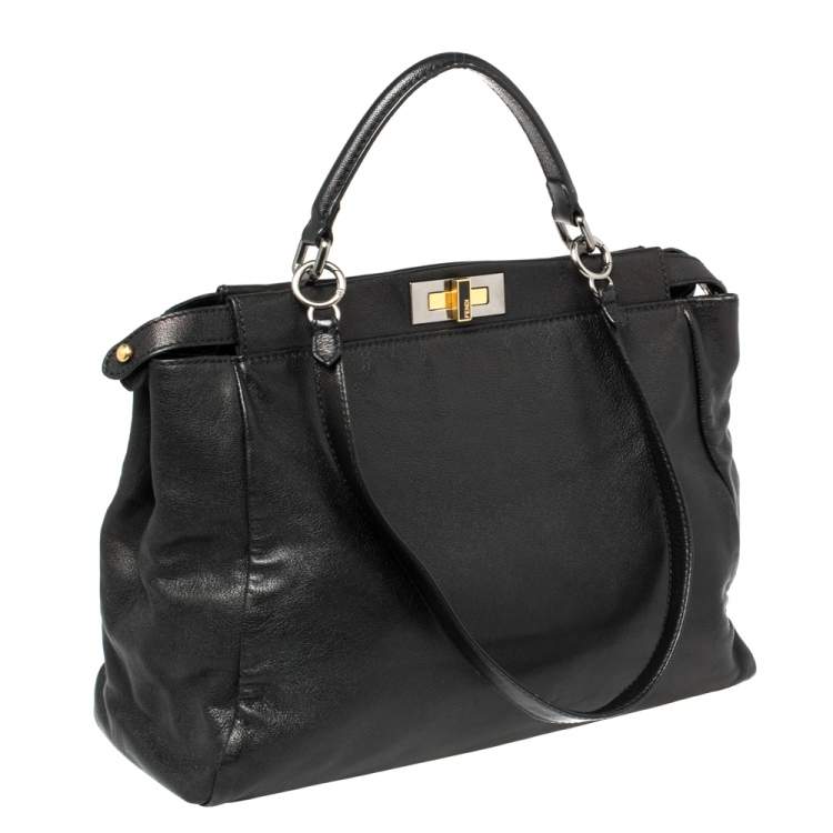 Pre Owned Fendi Black Leather Large Peekaboo Top Handle Bag