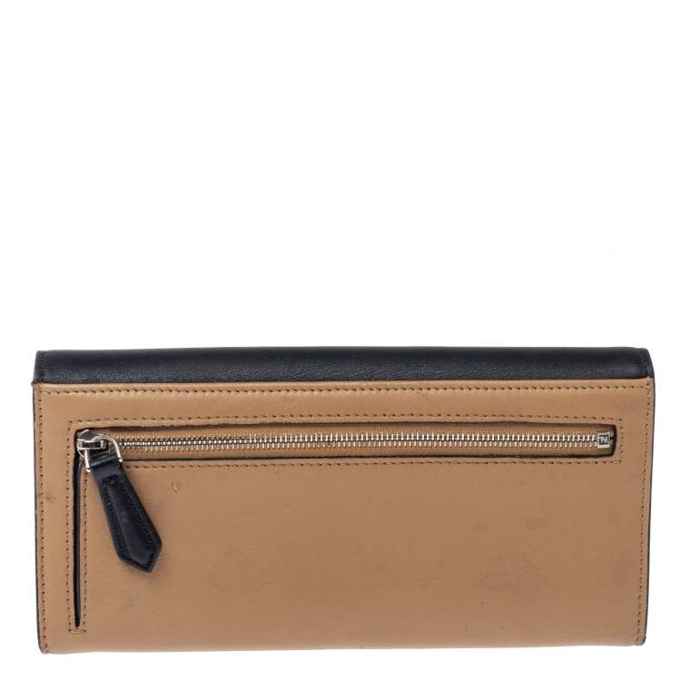 Pre Owned Fendi Beige/Black Leather Envelope Continental Wallet