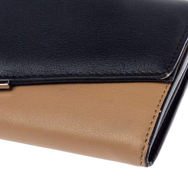 Pre Owned Fendi Beige/Black Leather Envelope Continental Wallet