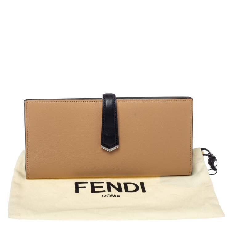 Pre Owned Fendi Beige/Black Leather Flap Continental Wallet