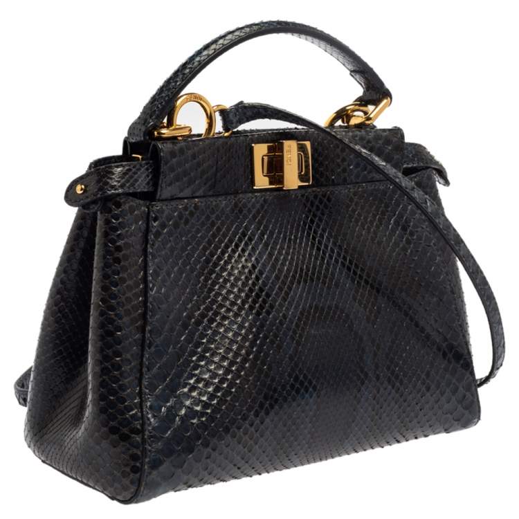 Pre Owned Fendi Blue/Black Python Mini Peekaboo Top Handle Bag