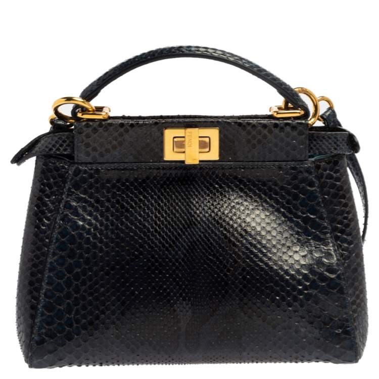 Pre Owned Fendi Blue/Black Python Mini Peekaboo Top Handle Bag