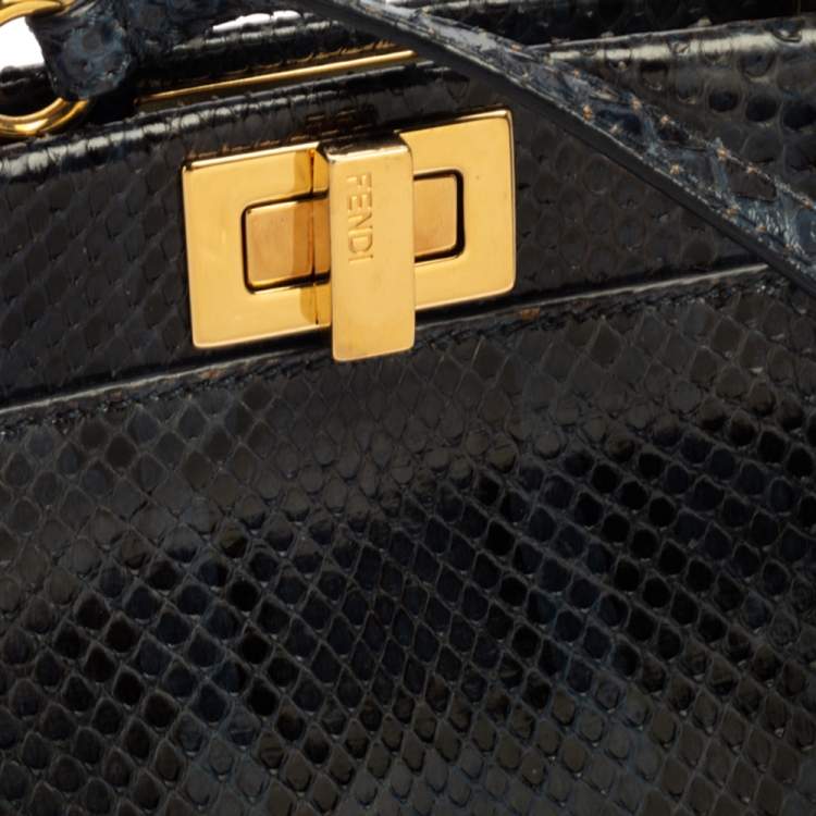 Pre Owned Fendi Blue/Black Python Mini Peekaboo Top Handle Bag