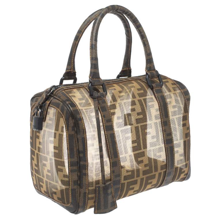 Pre Owned Fendi Tobacco Zucca Mesh and Coated Canvas Bauletto Boston Bag