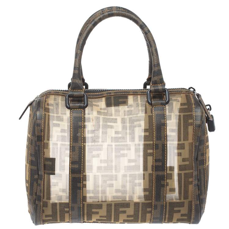 Pre Owned Fendi Tobacco Zucca Mesh and Coated Canvas Bauletto Boston Bag