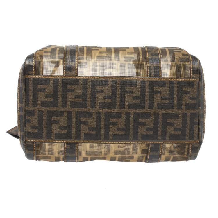 Pre Owned Fendi Tobacco Zucca Mesh and Coated Canvas Bauletto Boston Bag