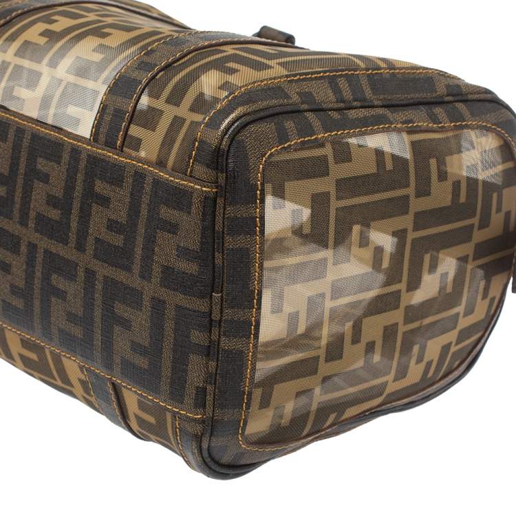 Pre Owned Fendi Tobacco Zucca Mesh and Coated Canvas Bauletto Boston Bag
