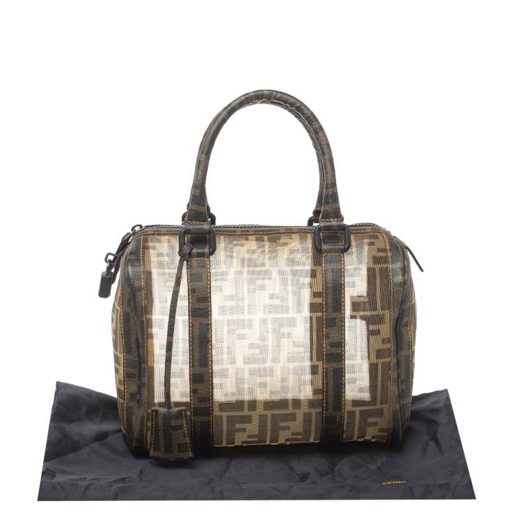 Pre Owned Fendi Tobacco Zucca Mesh and Coated Canvas Bauletto Boston Bag
