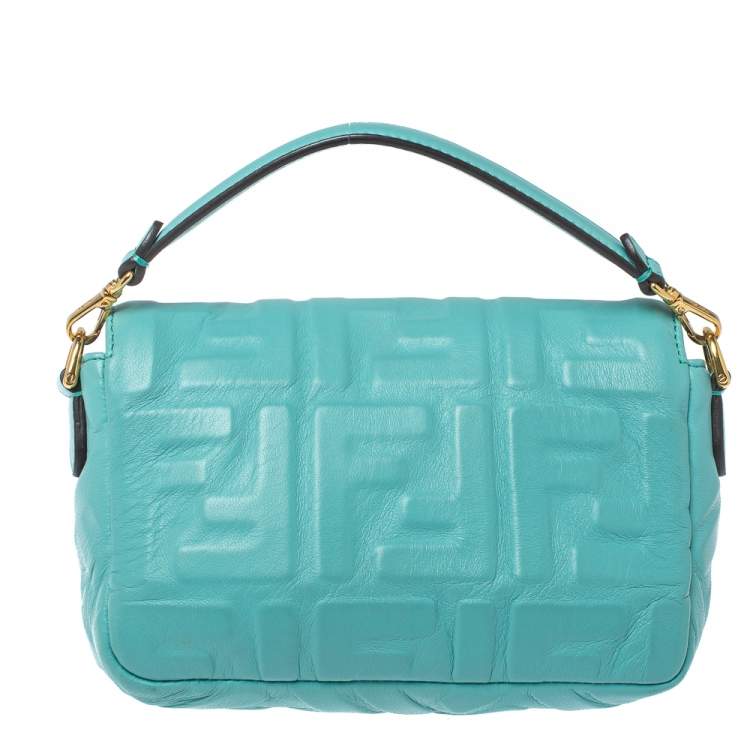 Pre Owned Fendi Light Blue FF Logo Embossed Leather Mini Baguette Bag
