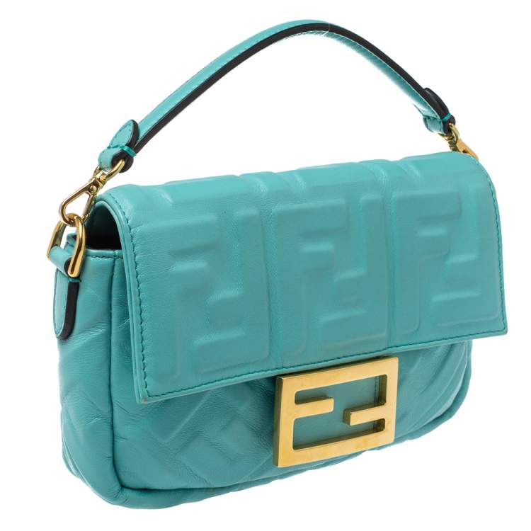 Pre Owned Fendi Light Blue FF Logo Embossed Leather Mini Baguette Bag