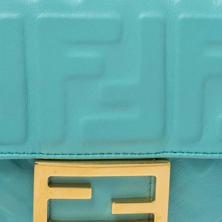 Pre Owned Fendi Light Blue FF Logo Embossed Leather Mini Baguette Bag