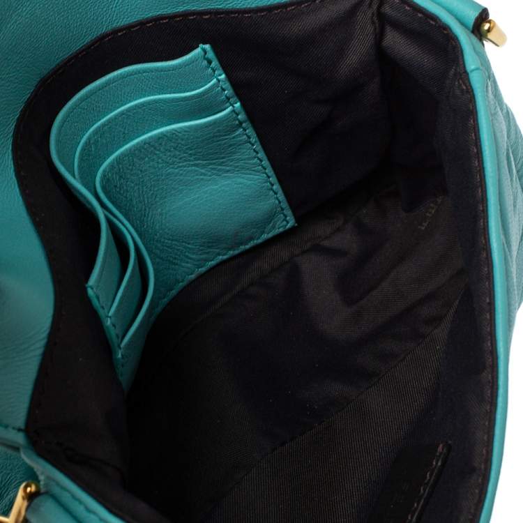 Pre Owned Fendi Light Blue FF Logo Embossed Leather Mini Baguette Bag