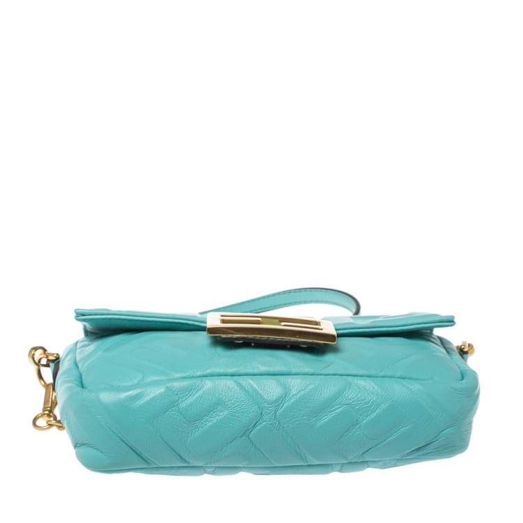 Pre Owned Fendi Light Blue FF Logo Embossed Leather Mini Baguette Bag