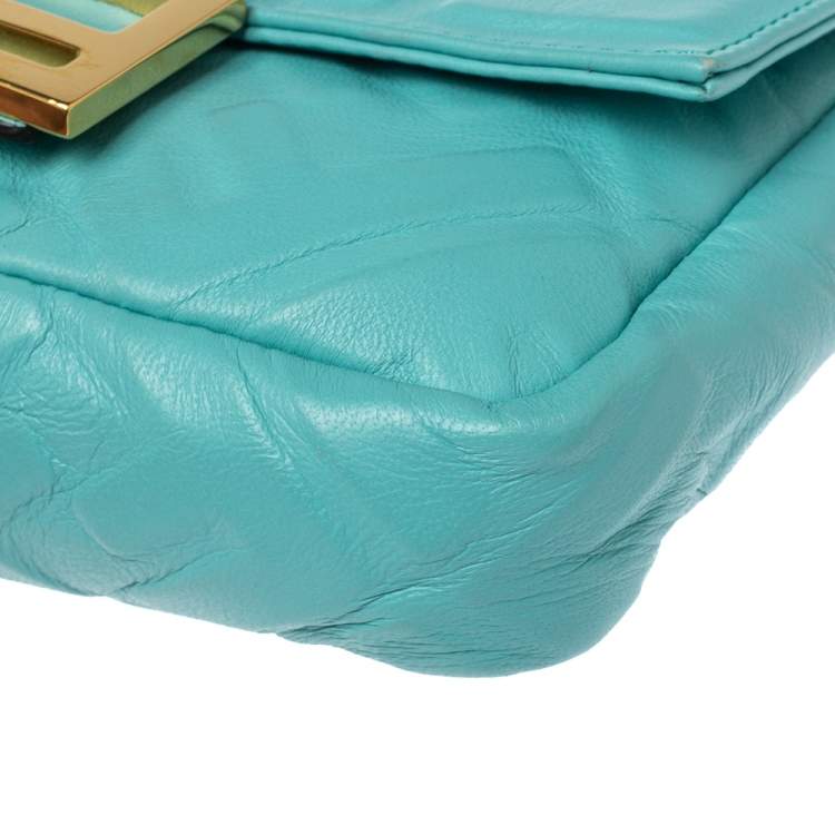 Pre Owned Fendi Light Blue FF Logo Embossed Leather Mini Baguette Bag