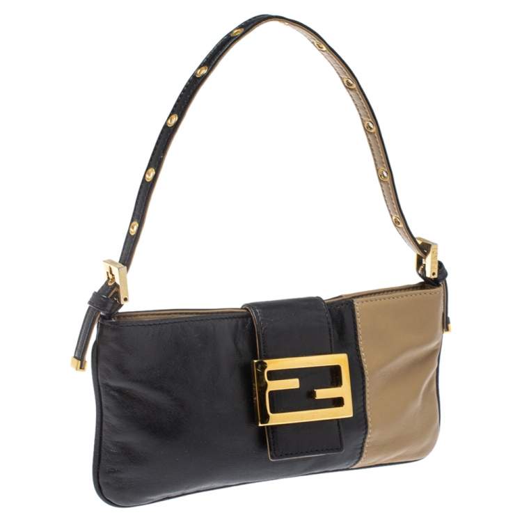 Pre Owned Fendi Black/Beige Leather FF Flap Baguette Bag