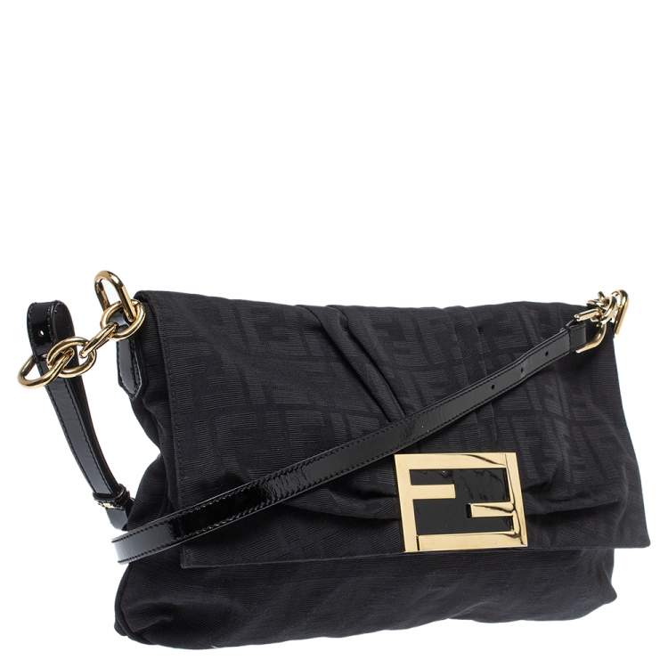 Pre Owned Fendi Black Zucca Canvas and Patent Leather Mia Crossbody Bag