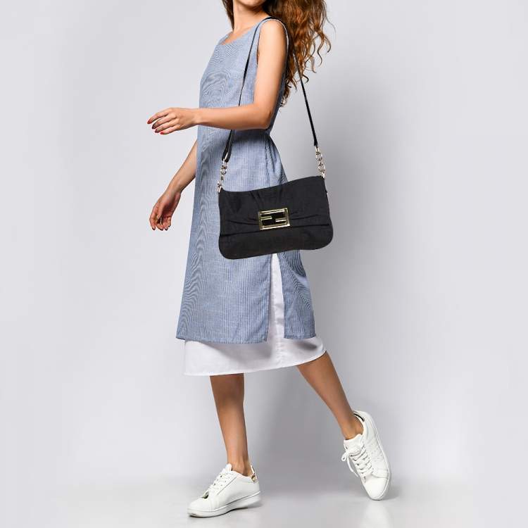 Pre Owned Fendi Black Zucca Canvas and Patent Leather Mia Crossbody Bag