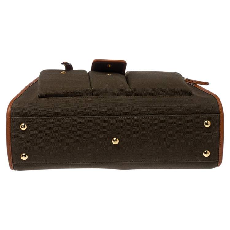 Pre Owned Fendi Olive Green/Brown Canvas and Leather Peekaboo Utility Top Handle Bag