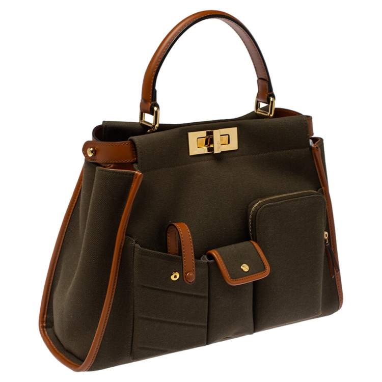 Pre Owned Fendi Olive Green/Brown Canvas and Leather Peekaboo Utility Top Handle Bag