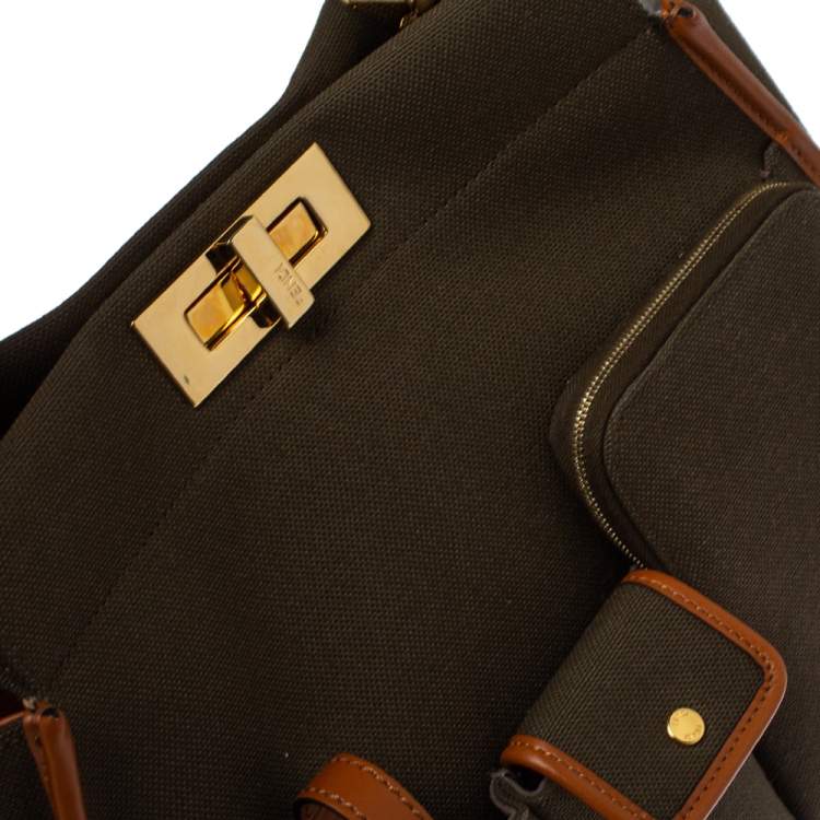 Pre Owned Fendi Olive Green/Brown Canvas and Leather Peekaboo Utility Top Handle Bag