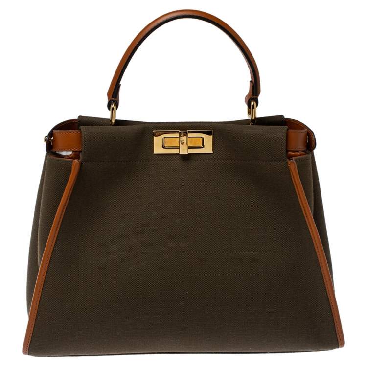 Pre Owned Fendi Olive Green/Brown Canvas and Leather Peekaboo Utility Top Handle Bag
