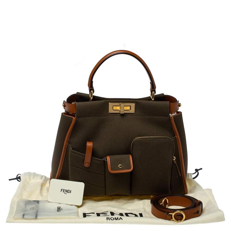Pre Owned Fendi Olive Green/Brown Canvas and Leather Peekaboo Utility Top Handle Bag