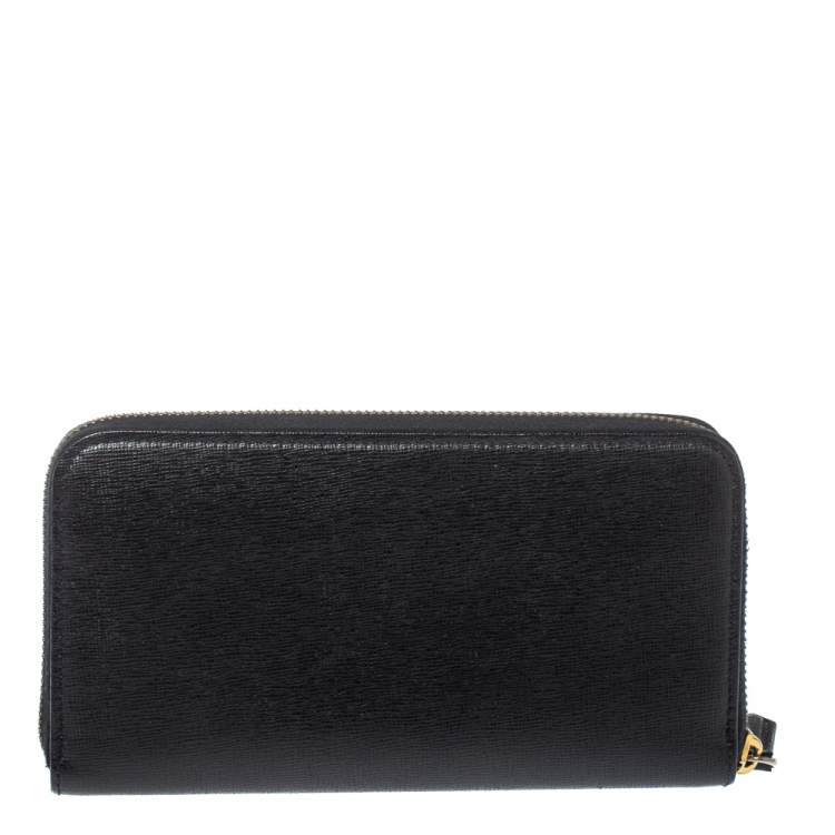 Pre Owned Fendi Black Leather Elite Zip Around Wallet
