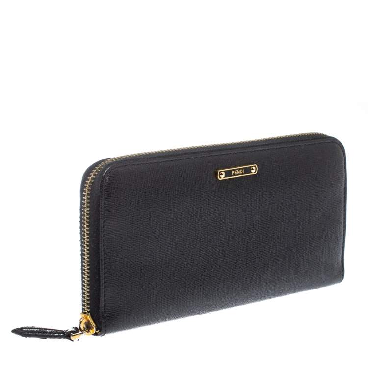 Pre Owned Fendi Black Leather Elite Zip Around Wallet