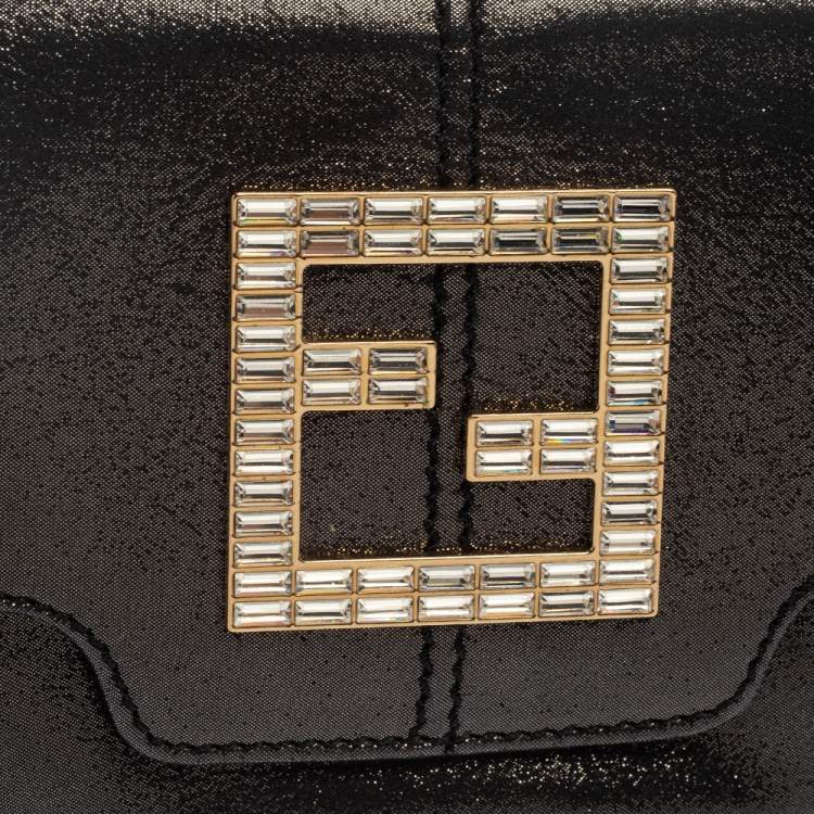 Pre Owned Fendi Grey Shimmer Leather Crystal Embellished Logo Flap Clutch