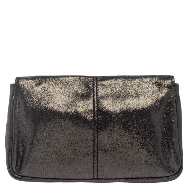 Pre Owned Fendi Grey Shimmer Leather Crystal Embellished Logo Flap Clutch