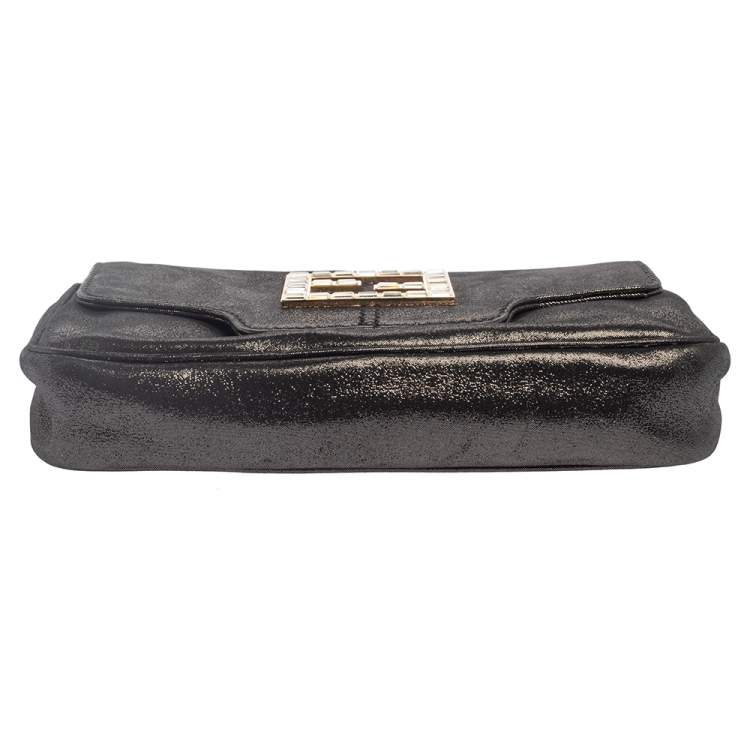 Pre Owned Fendi Grey Shimmer Leather Crystal Embellished Logo Flap Clutch