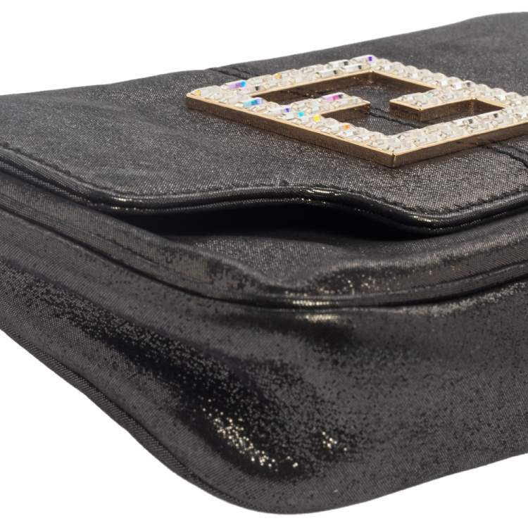 Pre Owned Fendi Grey Shimmer Leather Crystal Embellished Logo Flap Clutch