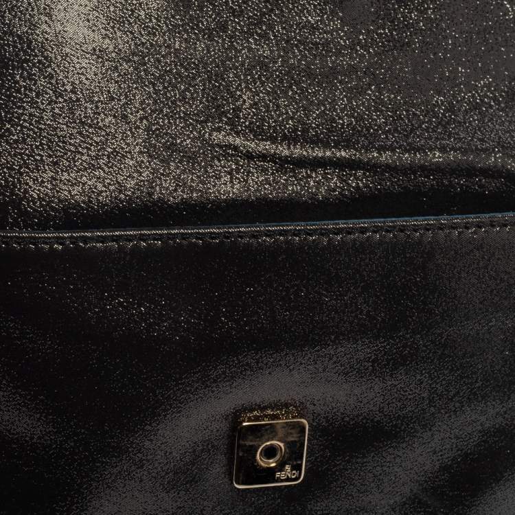 Pre Owned Fendi Grey Shimmer Leather Crystal Embellished Logo Flap Clutch