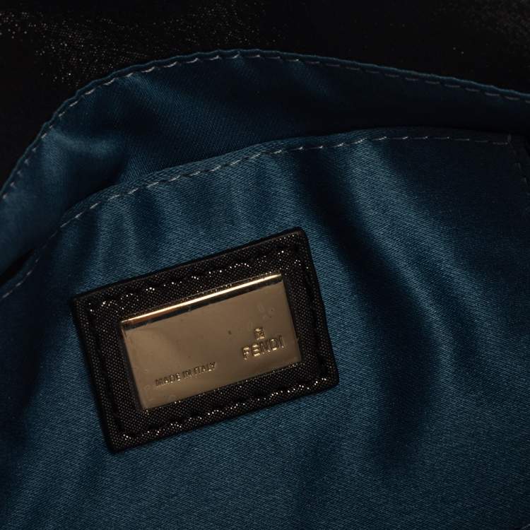 Pre Owned Fendi Grey Shimmer Leather Crystal Embellished Logo Flap Clutch