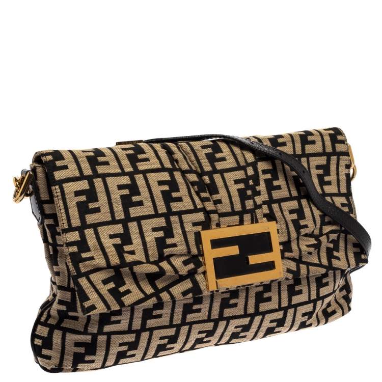 Pre Owned Fendi Black/Beige Zucca Canvas Mia Crossbody Bag